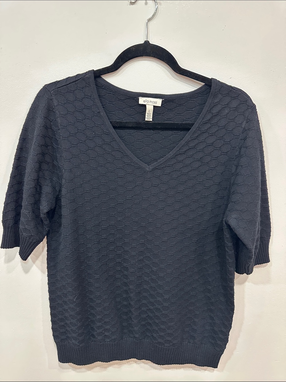 Ella Moss Slate Blue Textured V-Neck Short Sleeve Sweater